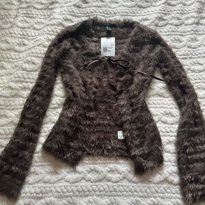 Fuzzy Brown Tie-Front Long Sleeve Sweater